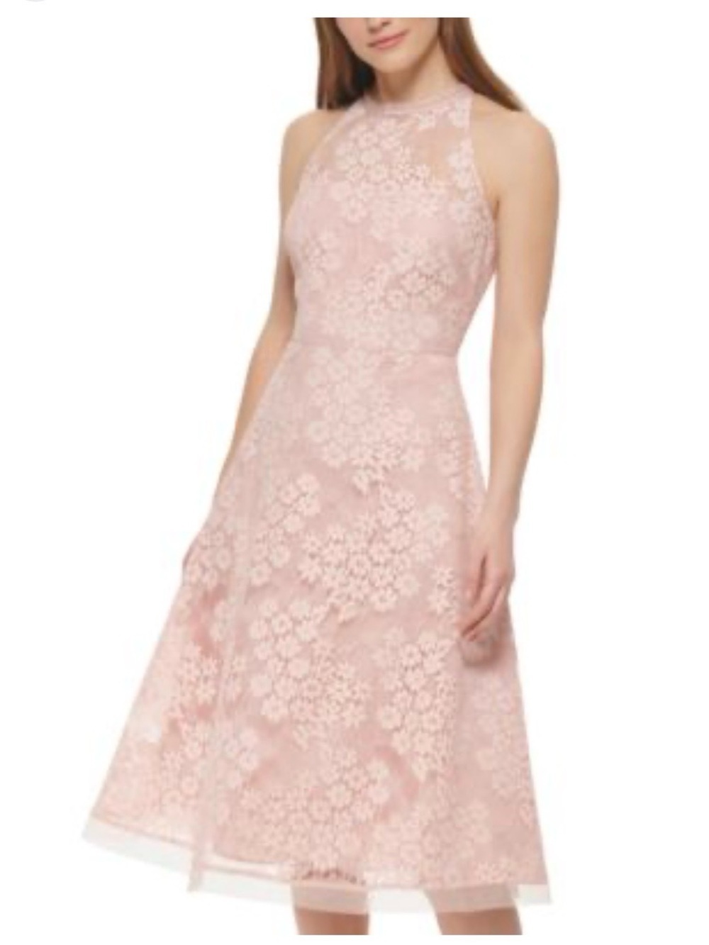 Vince Camuto Blush Pink Floral Lace Halter Midi Dress